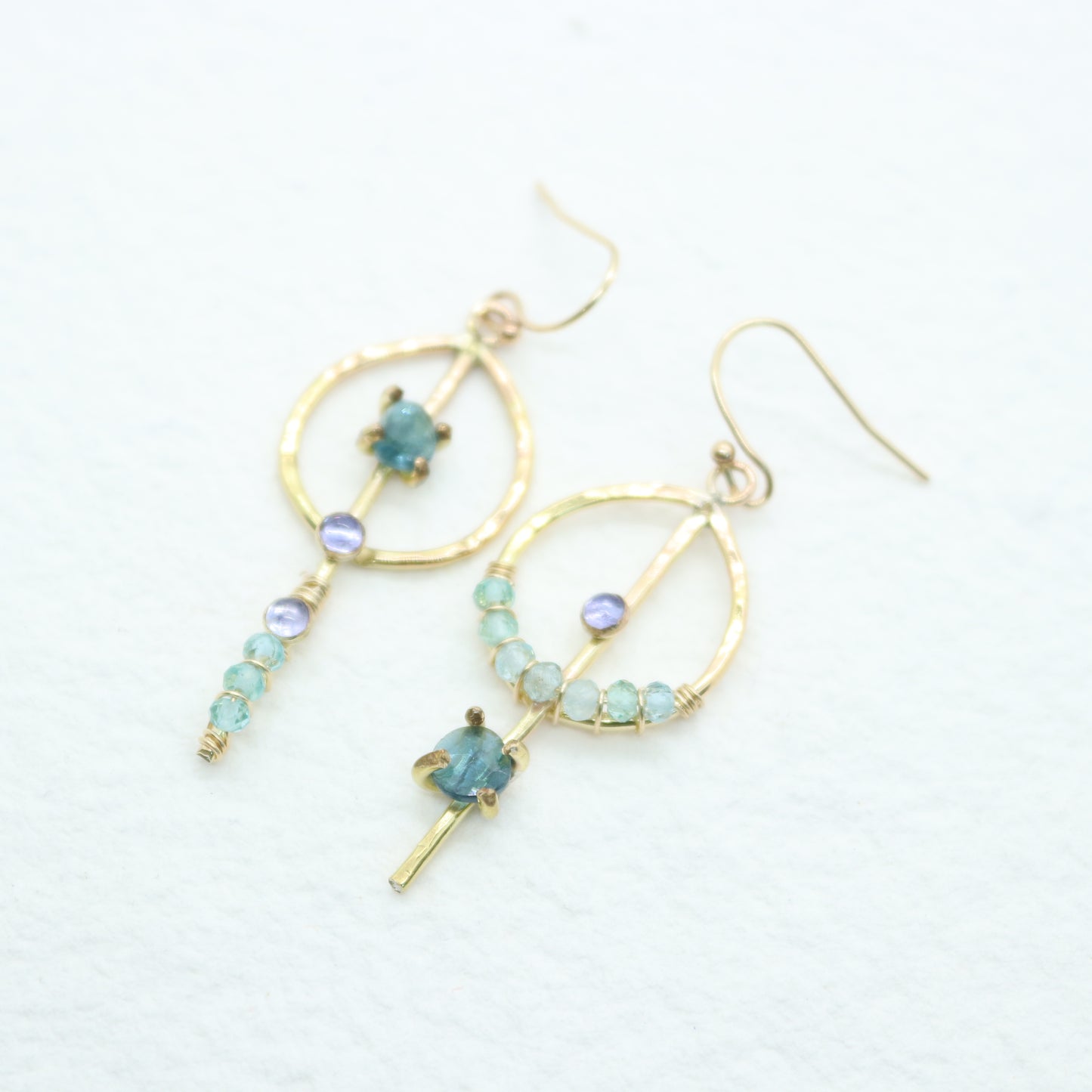 Tourmaline, Tanzanite, and Apatite Asymmetrical Earrings in 14k Gold Fill