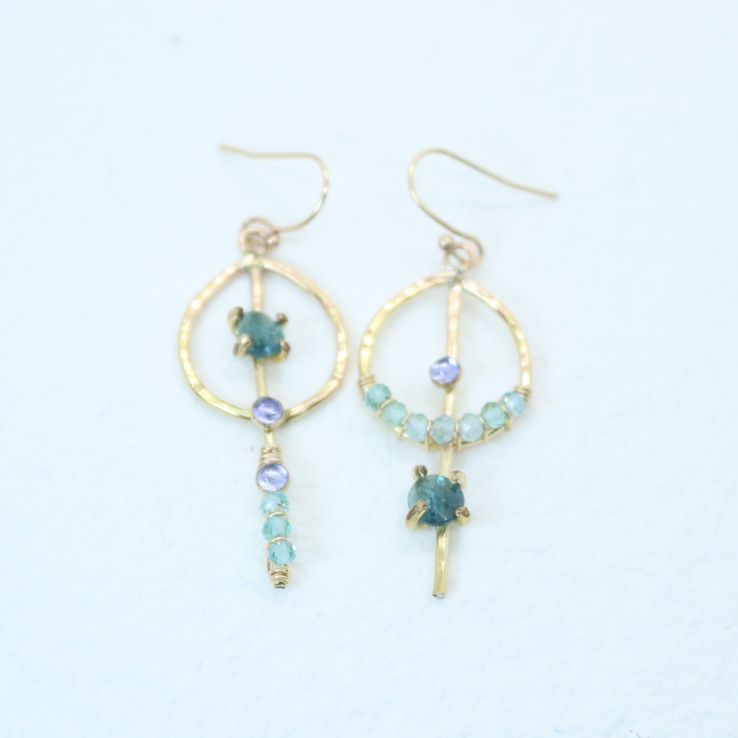 Tourmaline, Tanzanite, and Apatite Asymmetrical Earrings in 14k Gold Fill