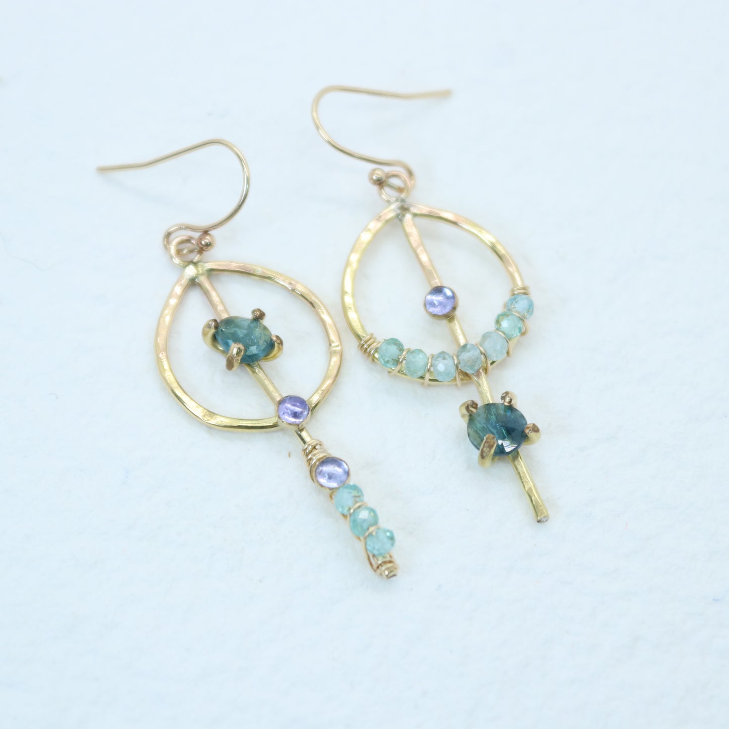 Tourmaline, Tanzanite, and Apatite Asymmetrical Earrings in 14k Gold Fill