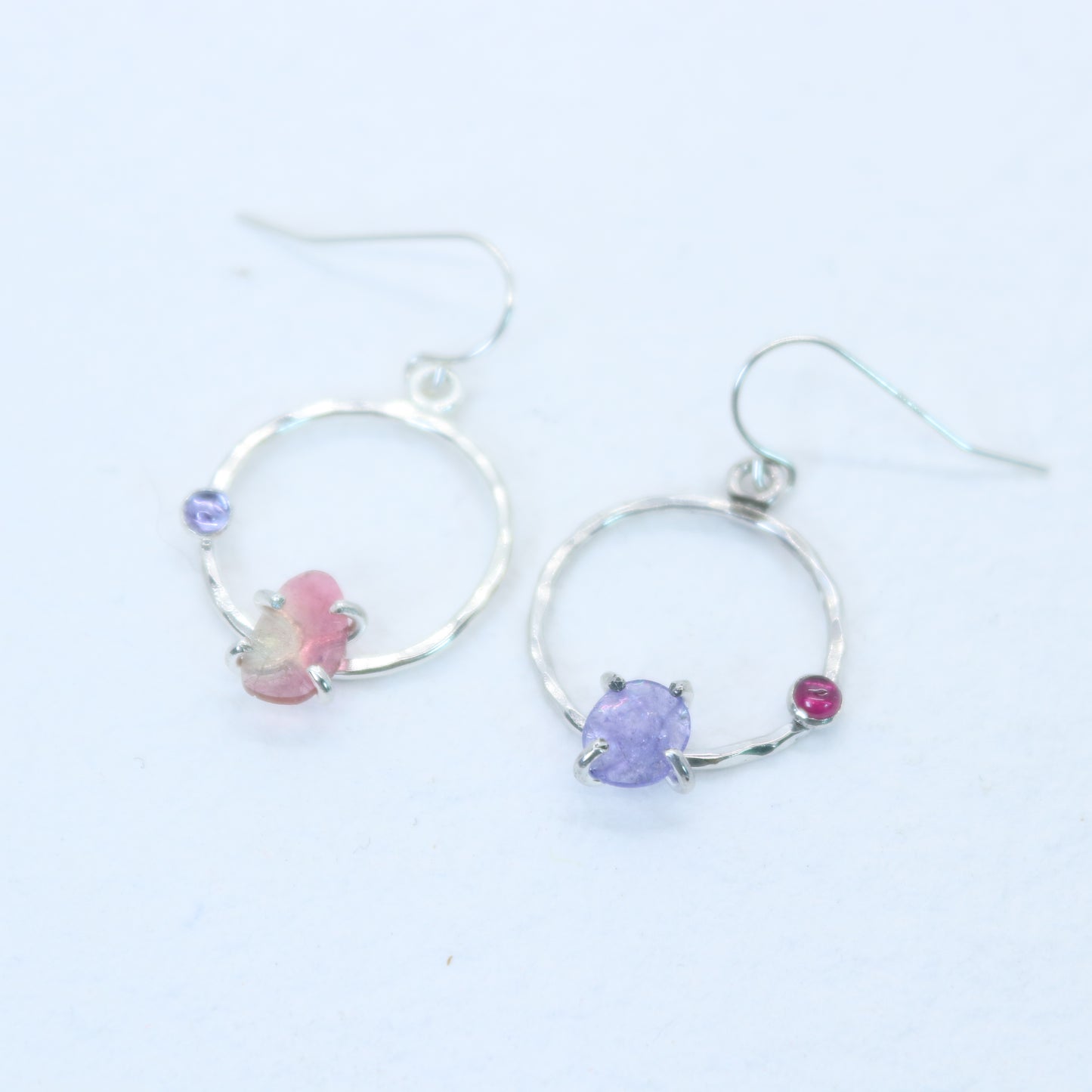 Tourmaline, Tanzanite, and Garnet Asymmetrical Earrings in Sterling Silver