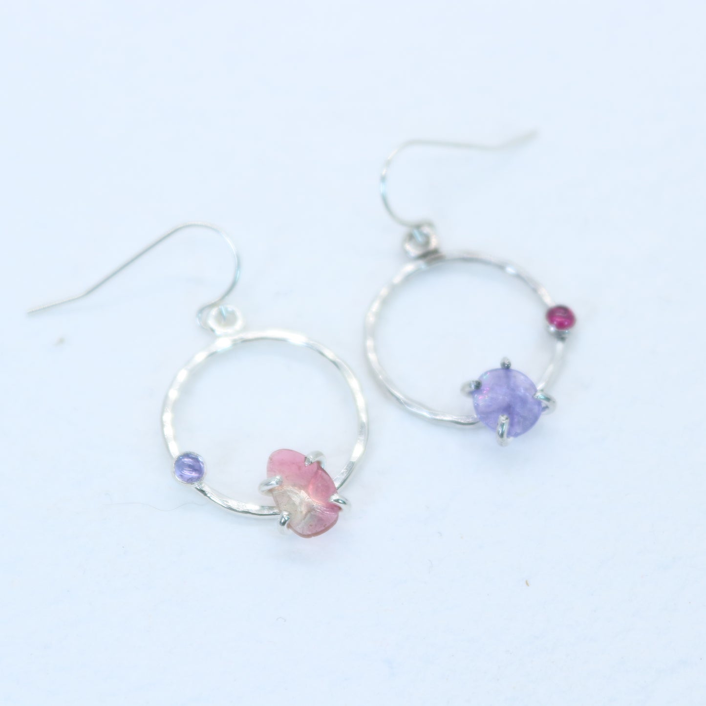 Tourmaline, Tanzanite, and Garnet Asymmetrical Earrings in Sterling Silver