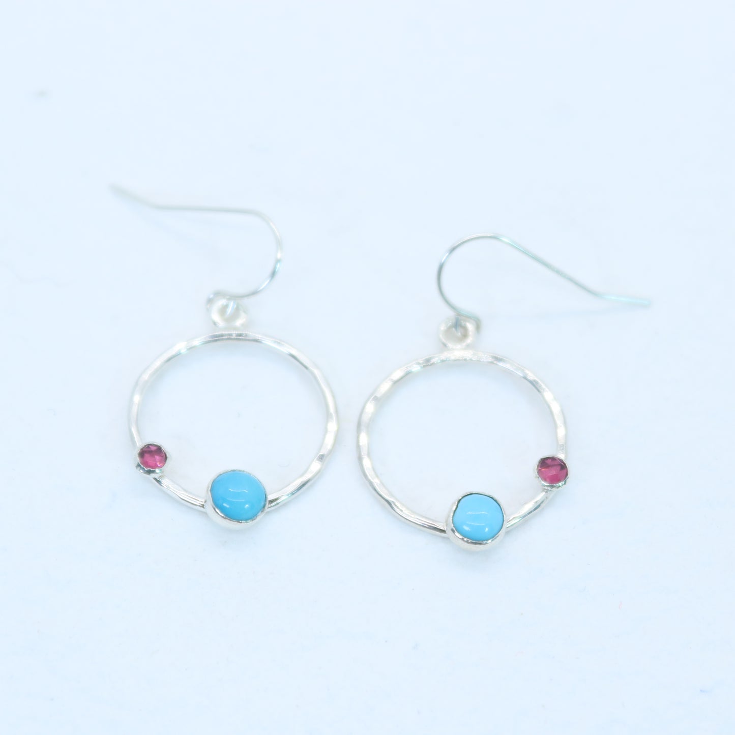 Turquoise and Garnet Asymmetrical Earrings in Sterling Silver