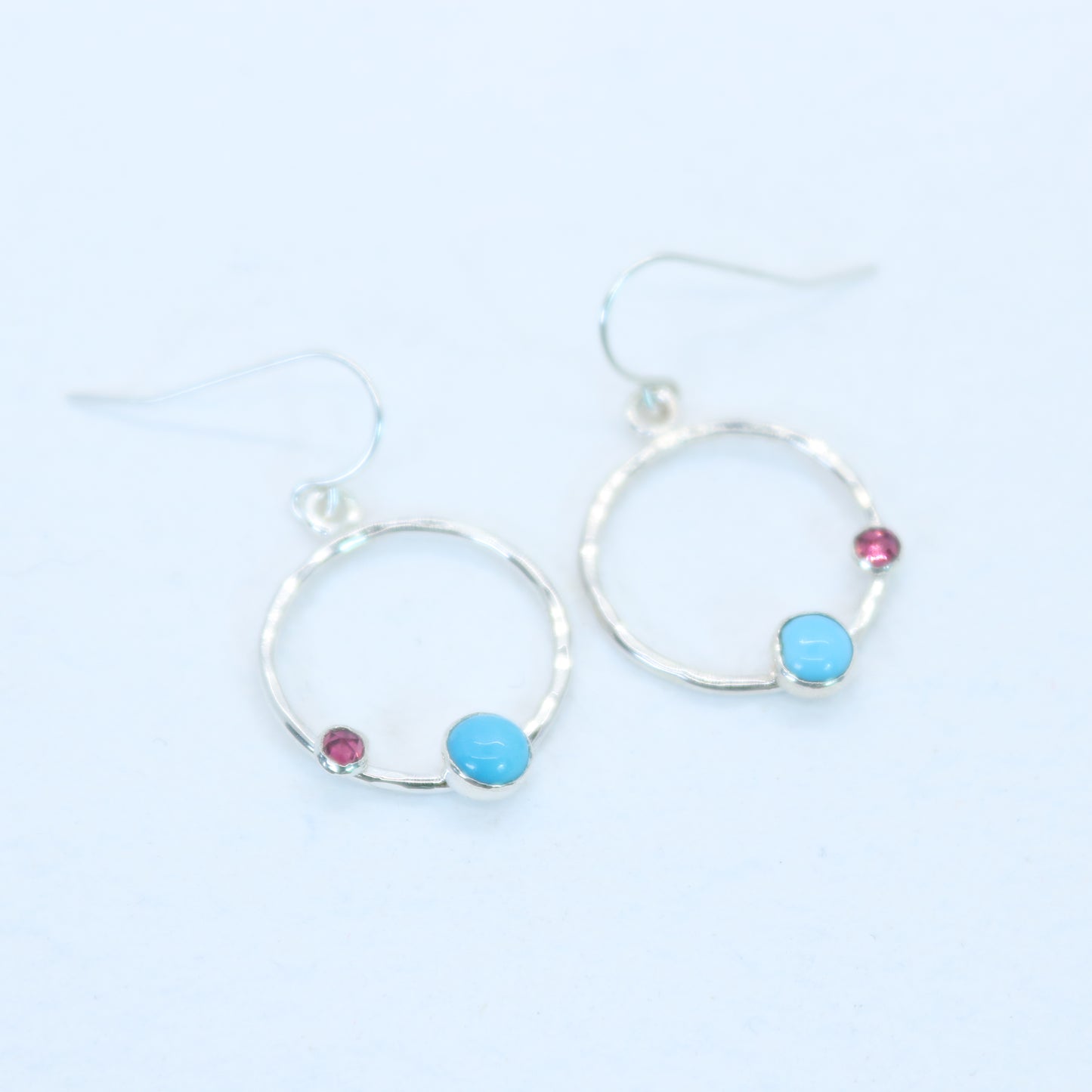 Turquoise and Garnet Asymmetrical Earrings in Sterling Silver