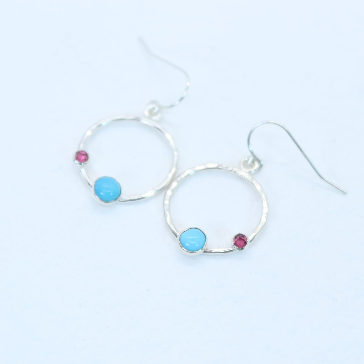 Turquoise and Garnet Asymmetrical Earrings in Sterling Silver