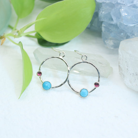 Turquoise and Garnet Asymmetrical Earrings in Sterling Silver