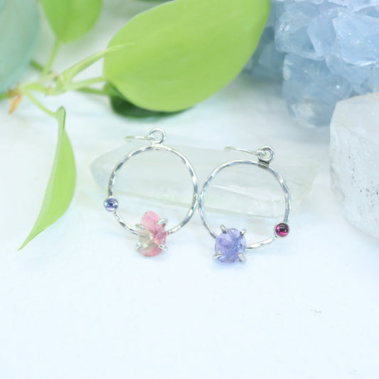 Tourmaline, Tanzanite, and Garnet Asymmetrical Earrings in Sterling Silver