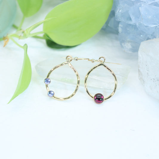 Tanzanite and Garnet Asymmetrical Earrings in 14k Gold Fill