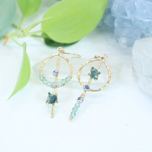 Tourmaline, Tanzanite, and Apatite Asymmetrical Earrings in 14k Gold Fill