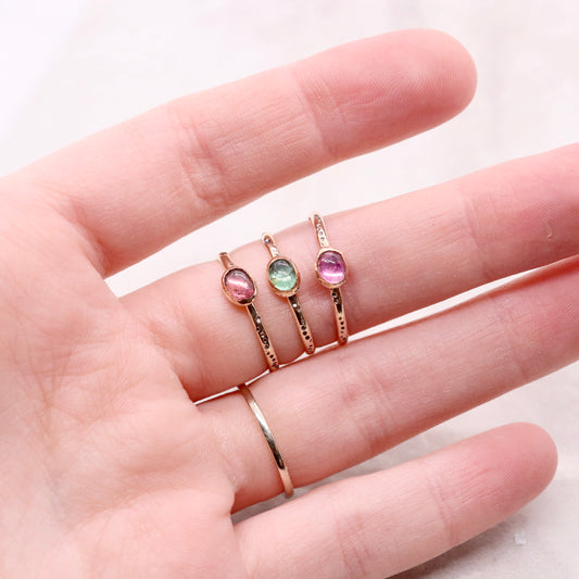 Tourmaline gemstone ring on gold bohemian ring band