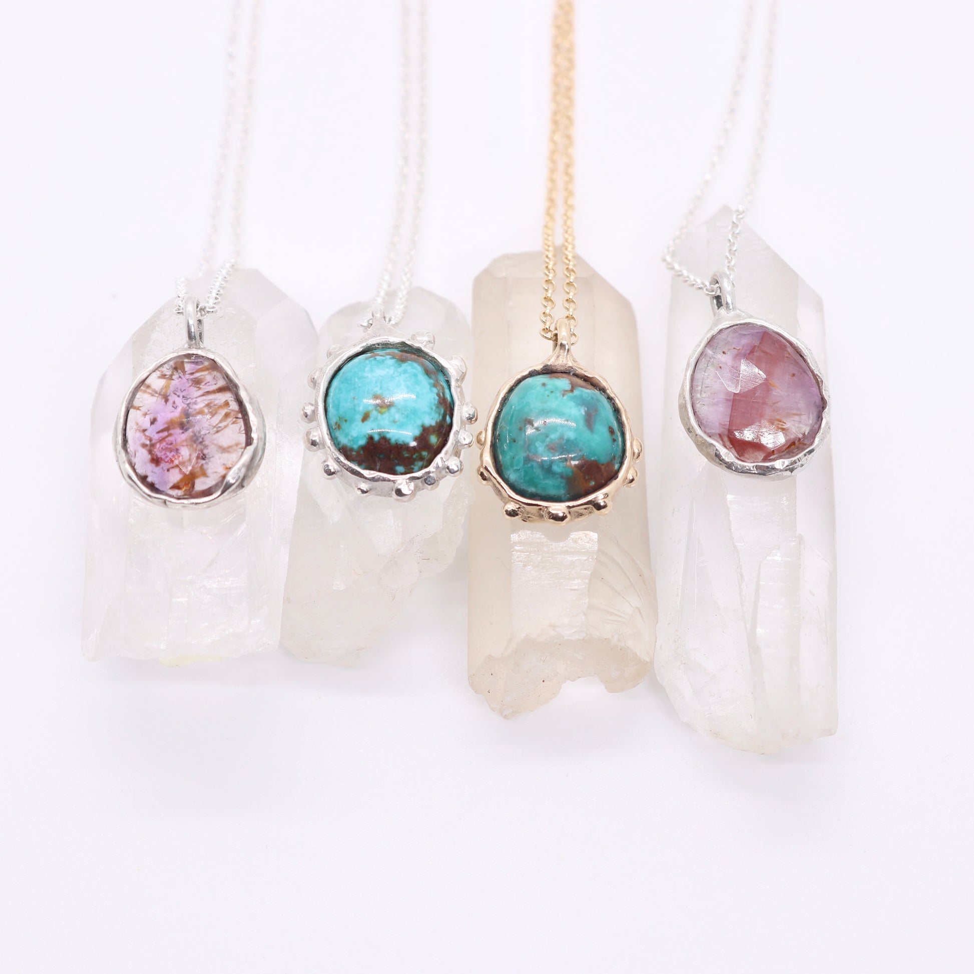 Sierra Nevada turquoise necklace set in solid 14k gold with an organic sculptural bohemian look