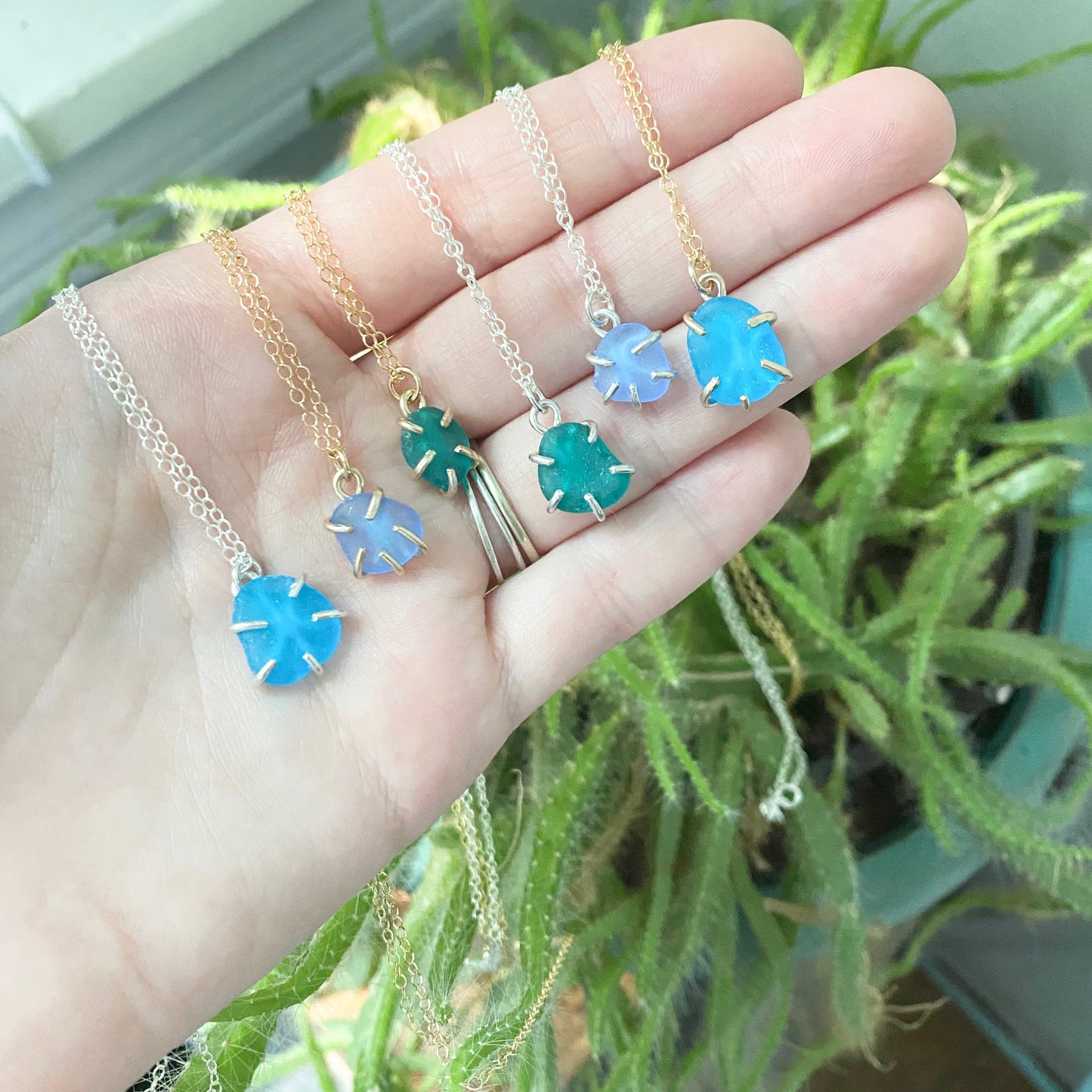 green and blue sea glass necklace