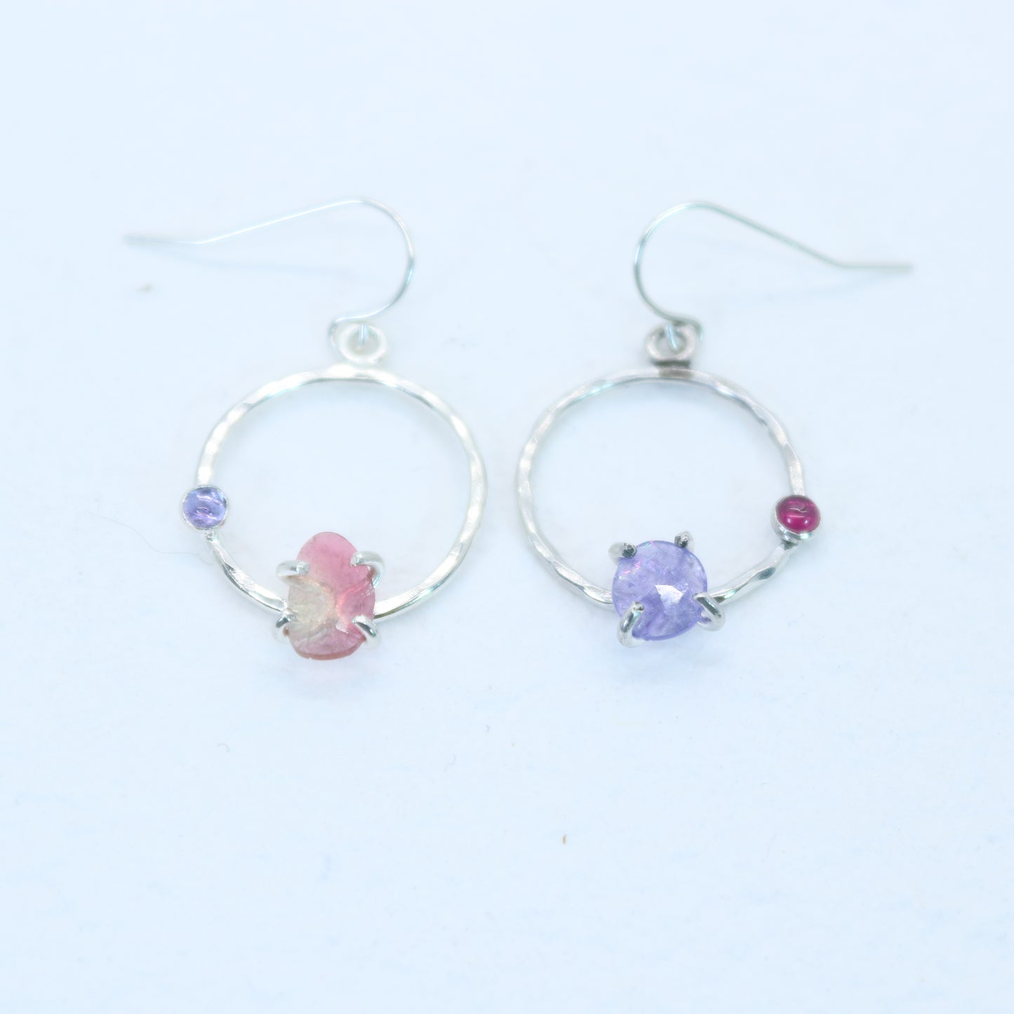 Tourmaline, Tanzanite, and Garnet Asymmetrical Earrings in Sterling Silver
