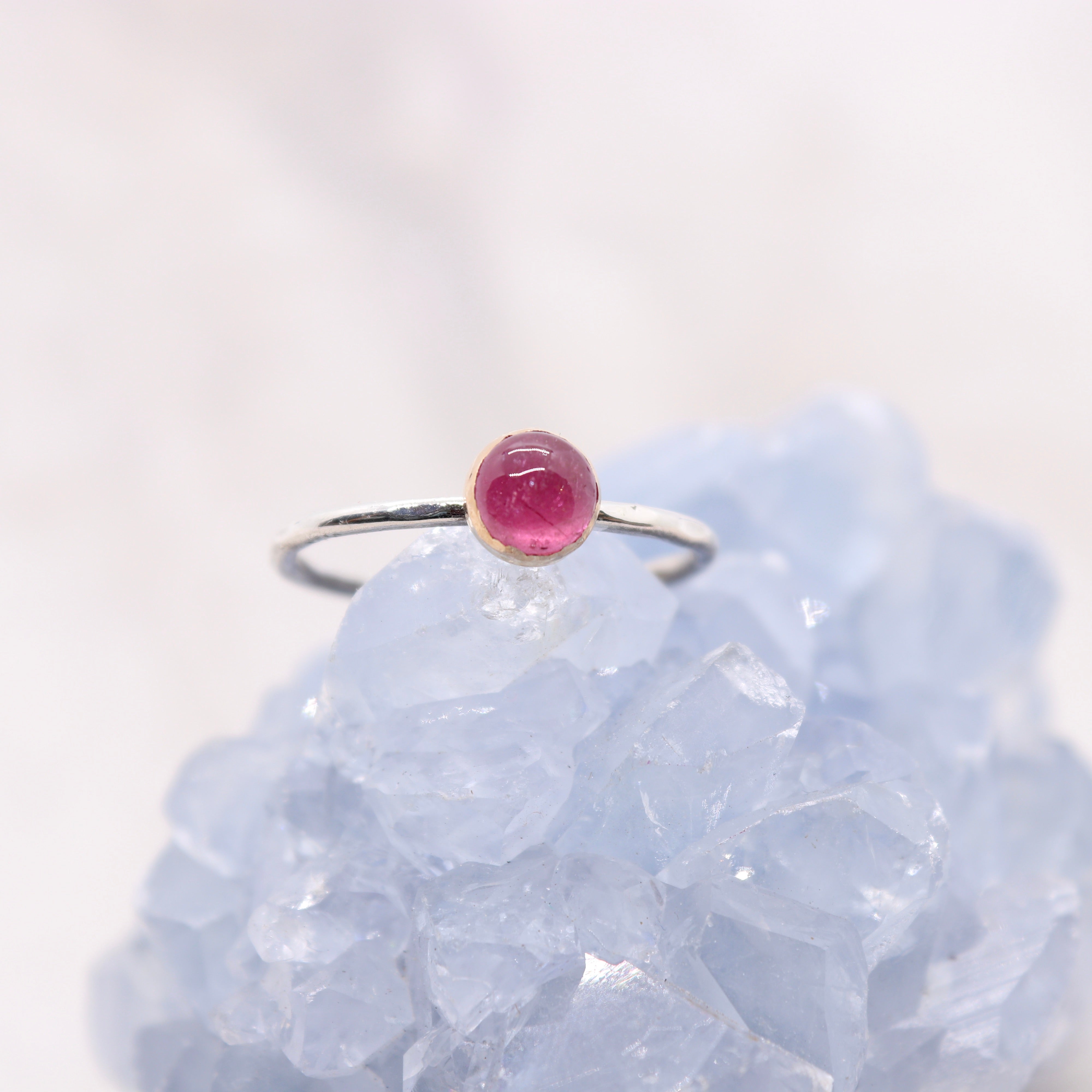 Pink tourmaline gemstone crystal ring in mixed metal