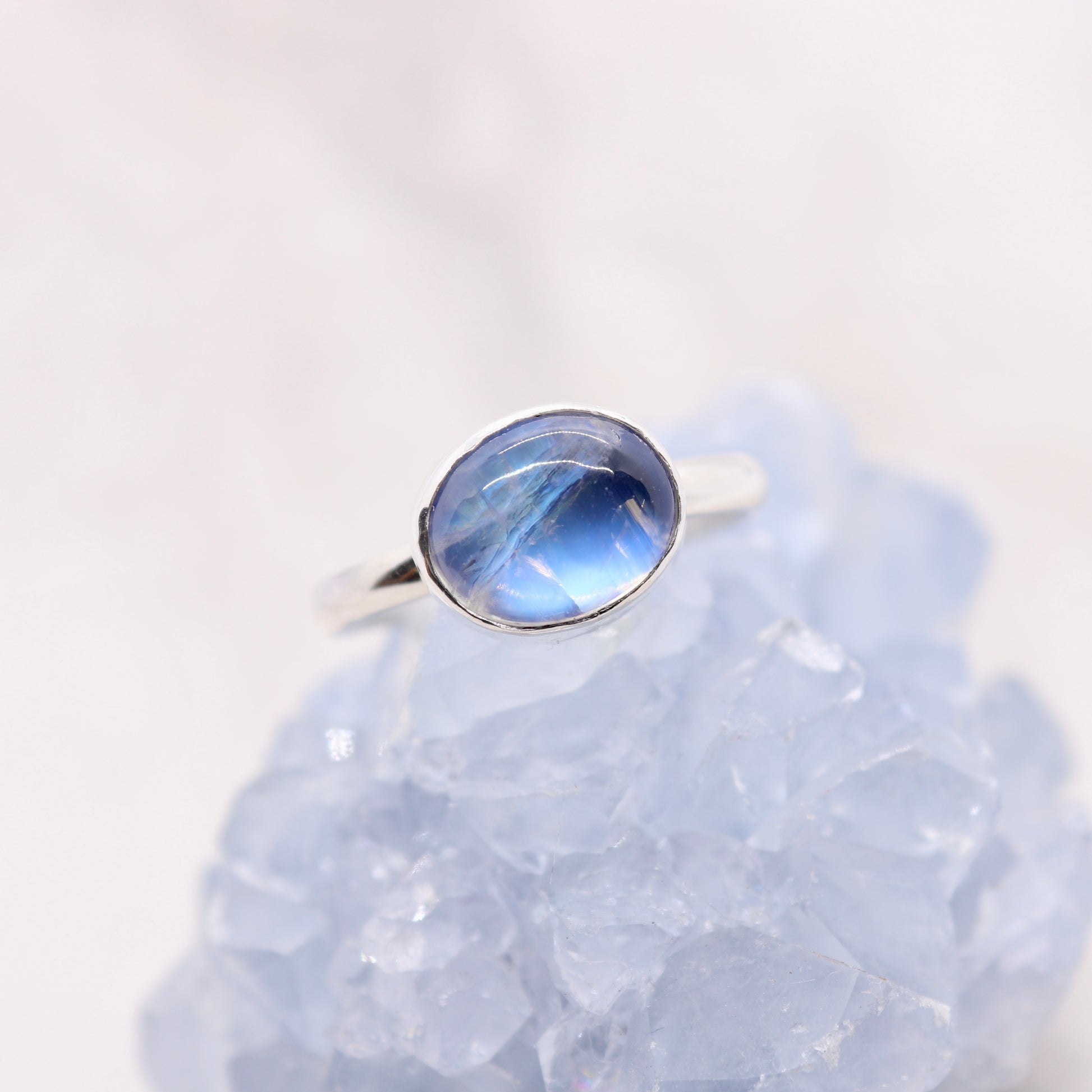 Blue Rainbow Moonstone Boho Ring in Sterling Silver