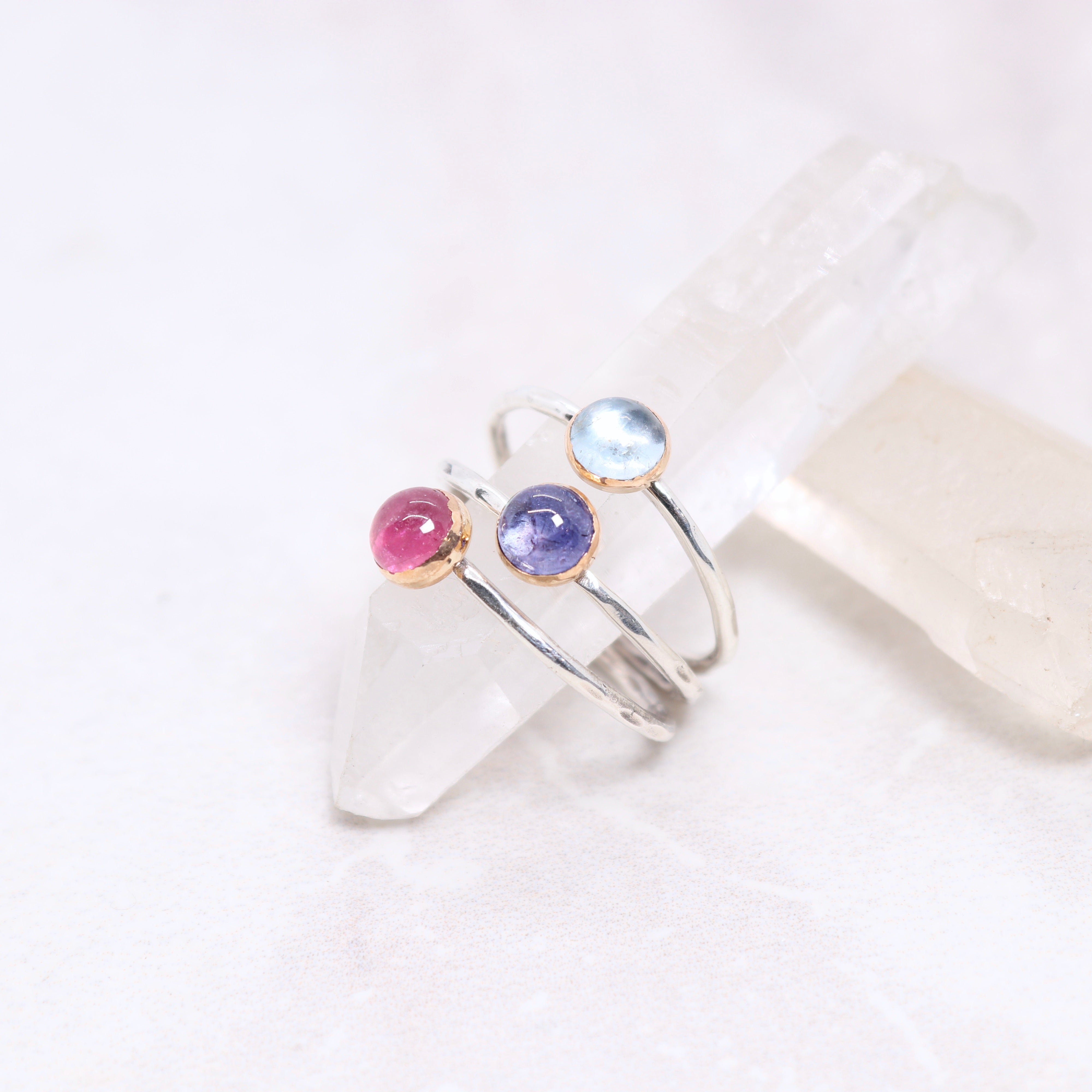 Pink tourmaline, tanzanite, and aquamarine boho mixed metal gemstone rings