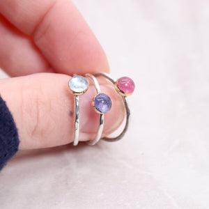 Pink tourmaline, tanzanite, and aquamarine boho mixed metal gemstone rings