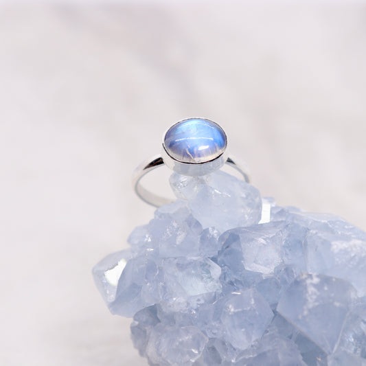 Blue Rainbow Moonstone Boho Ring in Sterling Silver