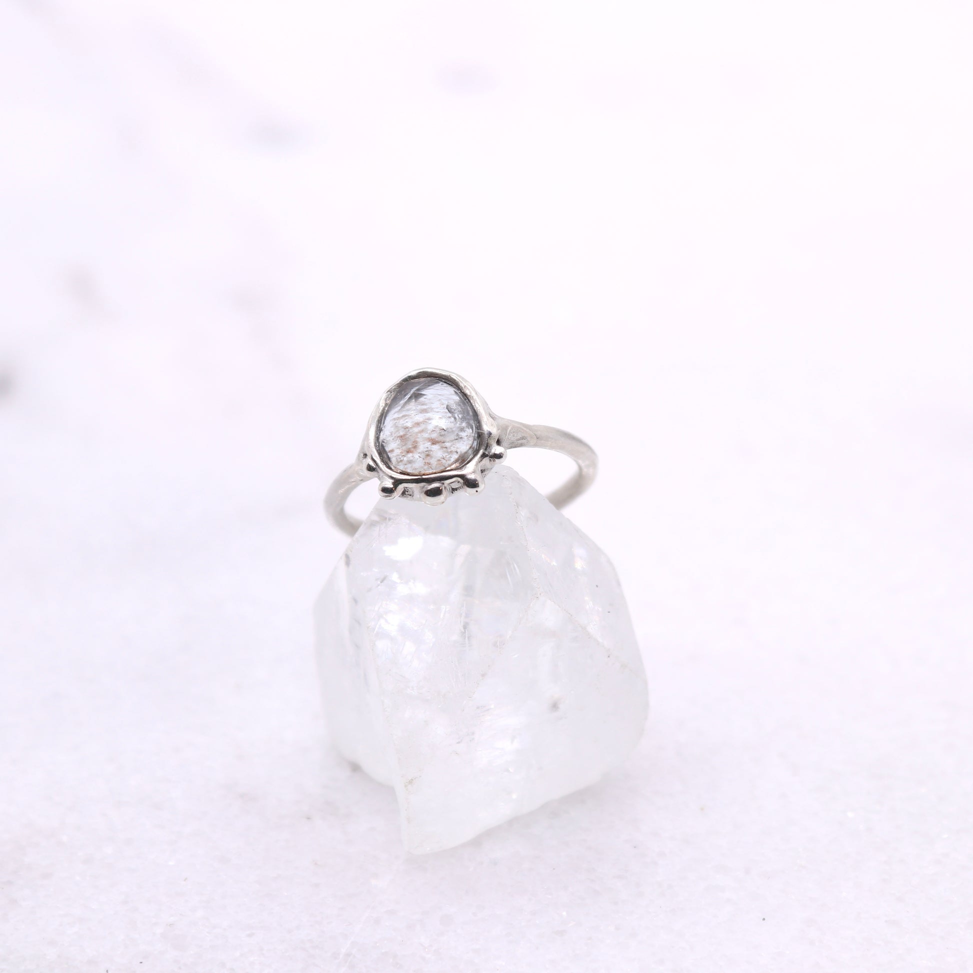 Moss aquamarine bohemian ring in organic raw sterling silver