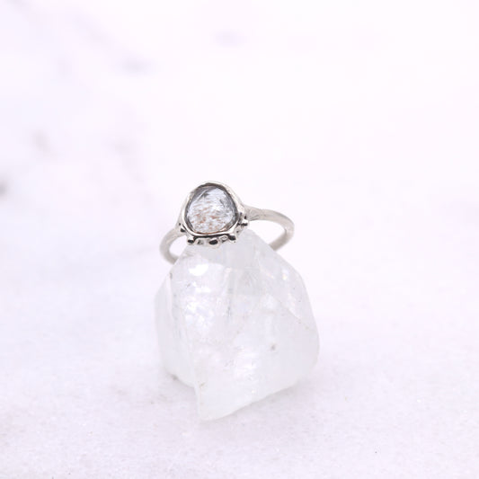 Moss aquamarine bohemian ring in organic raw sterling silver