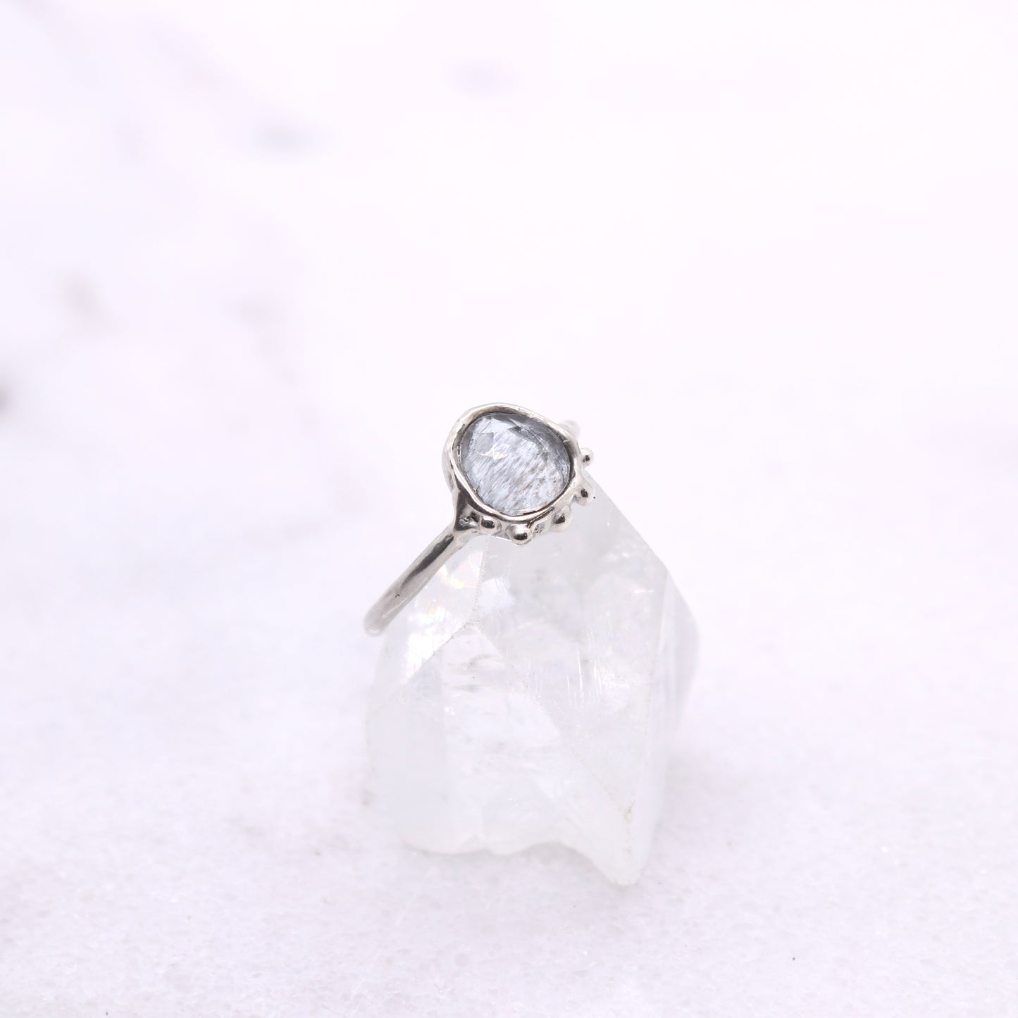 Moss aquamarine bohemian ring in organic raw sterling silver