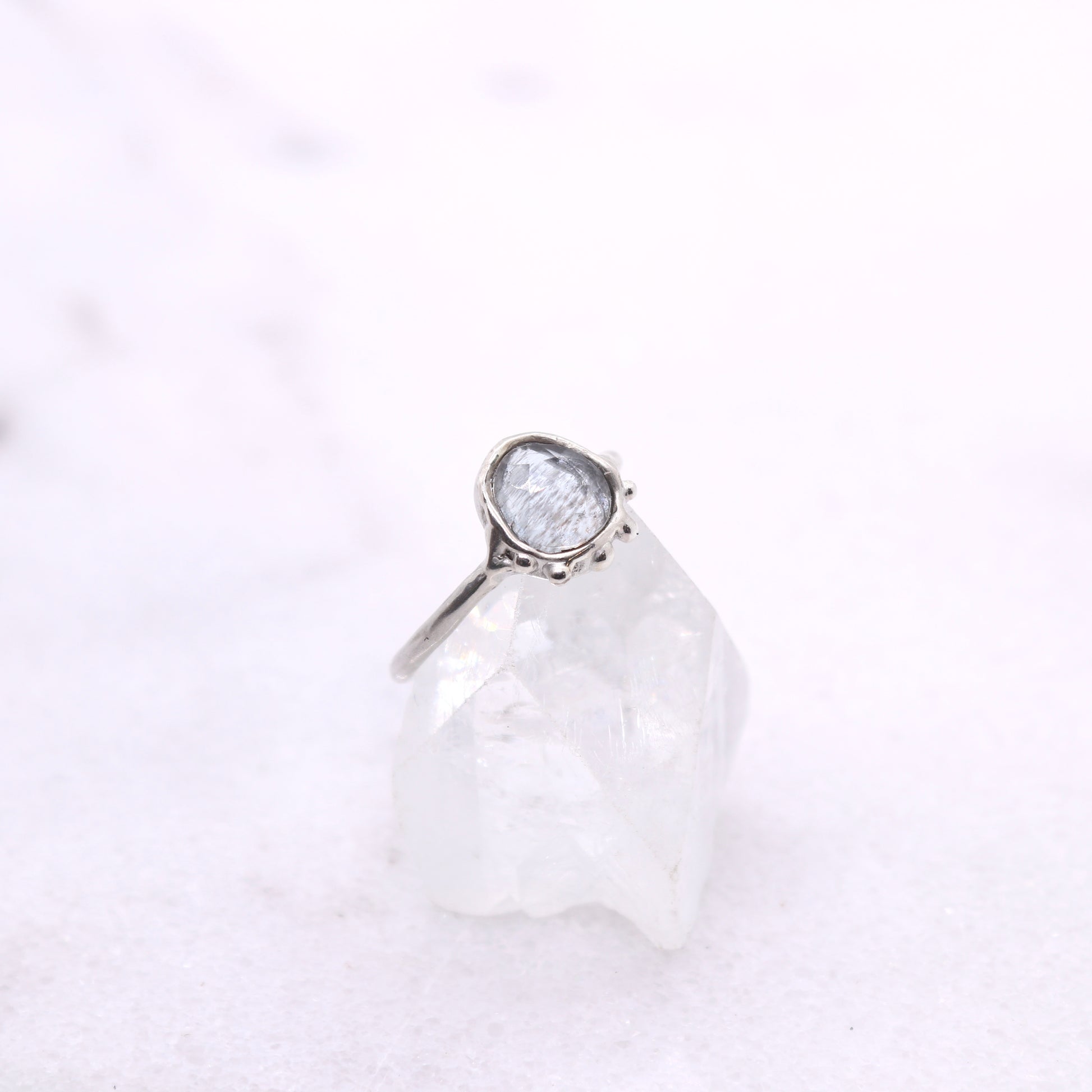 Moss aquamarine bohemian ring in organic raw sterling silver