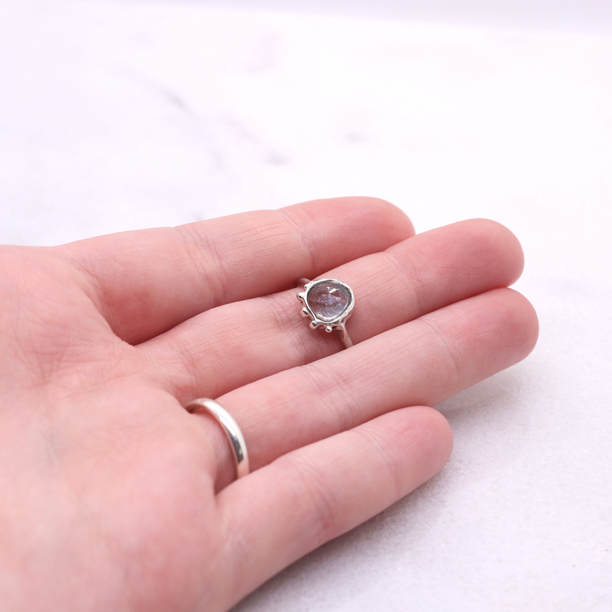 Moss aquamarine bohemian ring in organic raw sterling silver