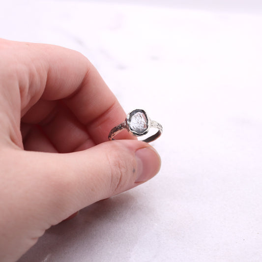 Moss aquamarine bohemian ring in organic raw sterling silver