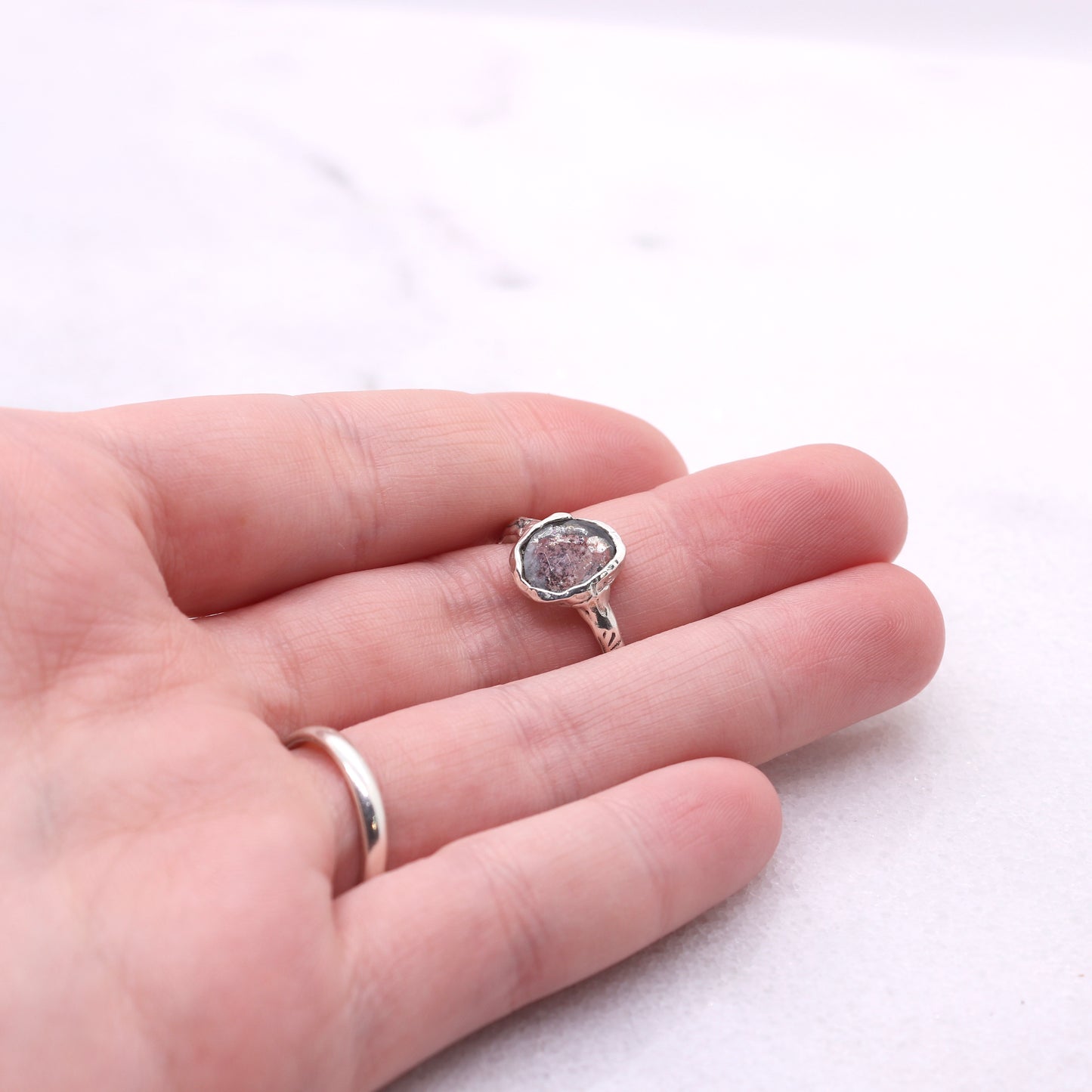 Moss aquamarine bohemian ring in organic raw sterling silver