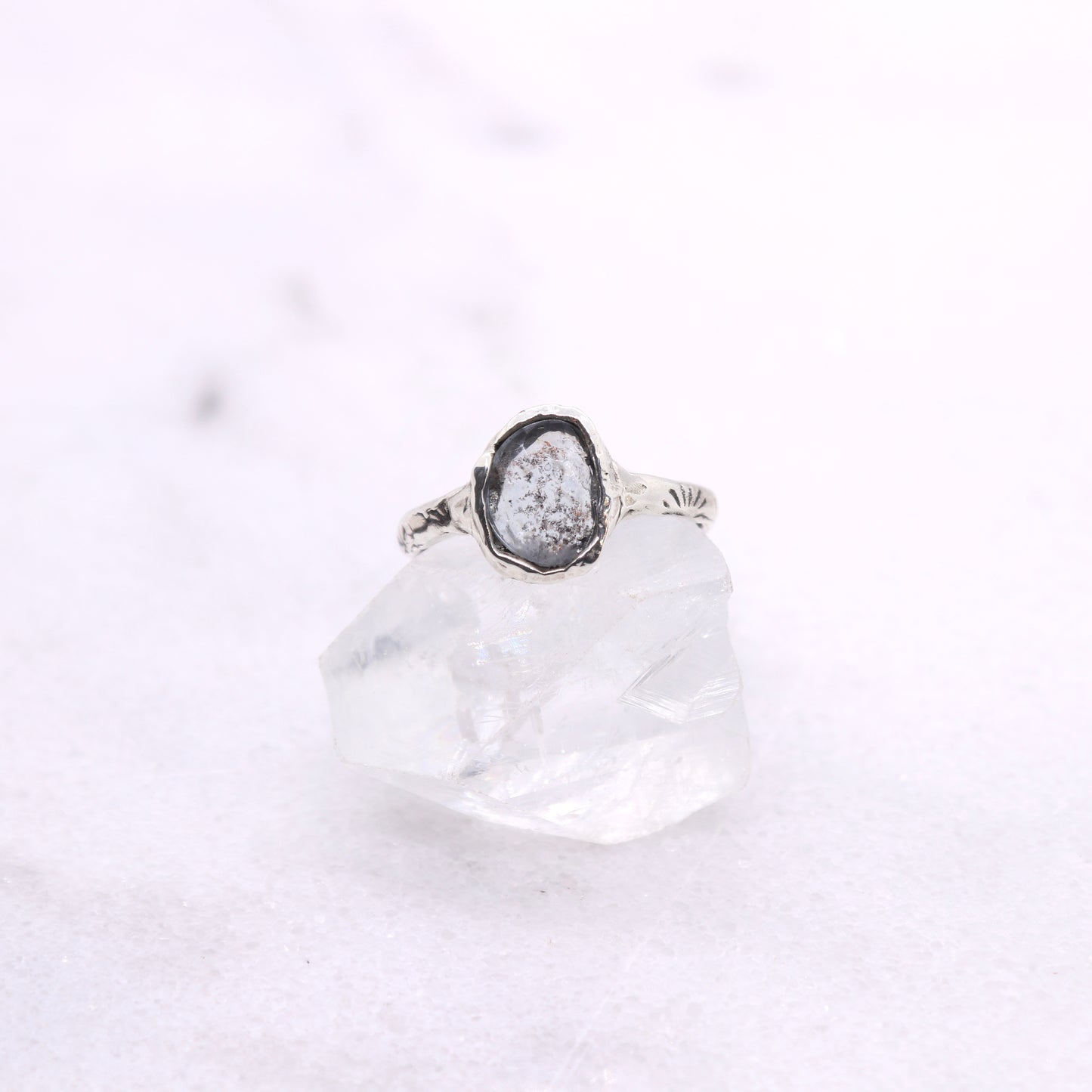 Moss aquamarine bohemian ring in organic raw sterling silver