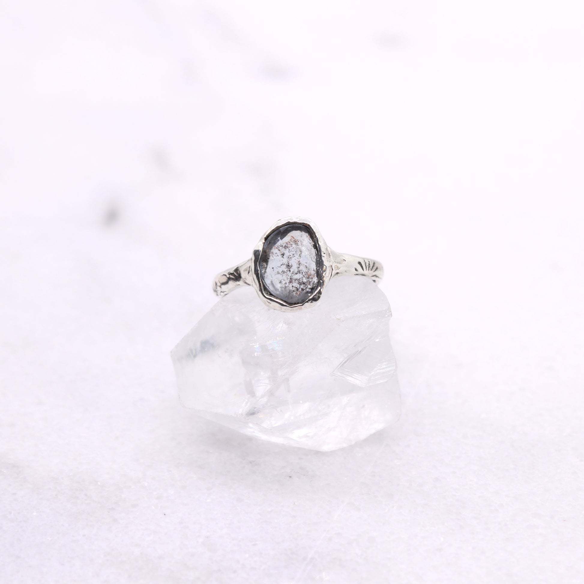 Moss aquamarine bohemian ring in organic raw sterling silver