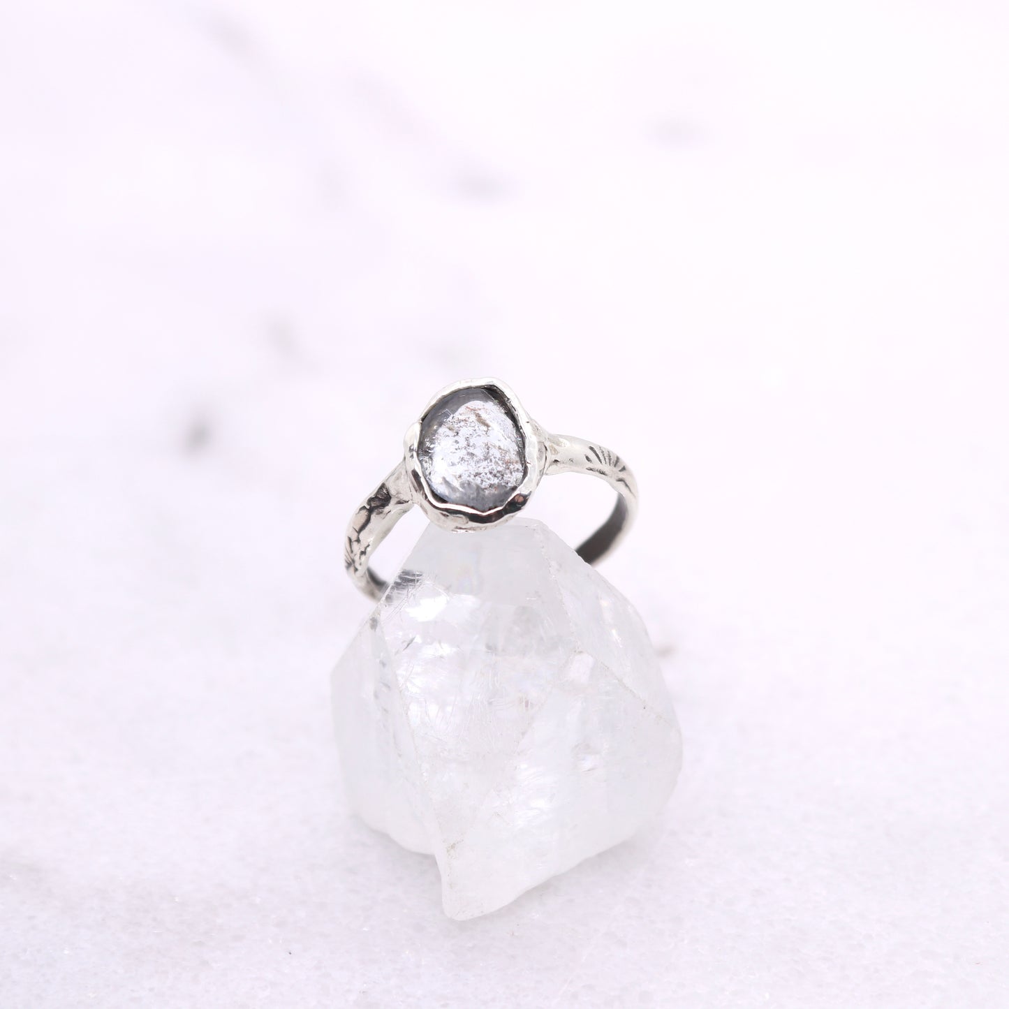 Moss aquamarine bohemian ring in organic raw sterling silver