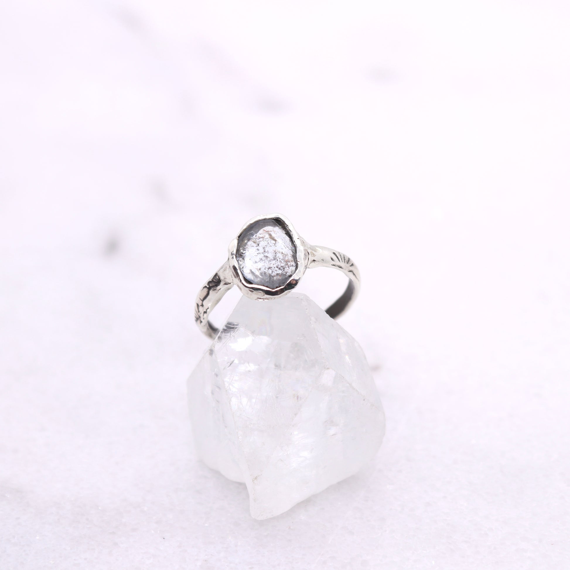 Moss aquamarine bohemian ring in organic raw sterling silver