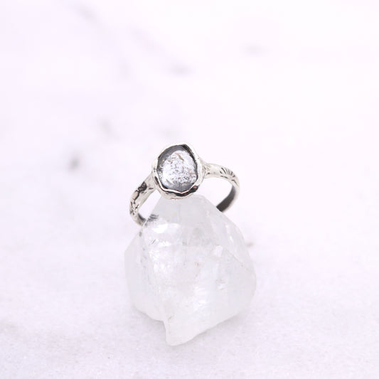 Moss aquamarine bohemian ring in organic raw sterling silver