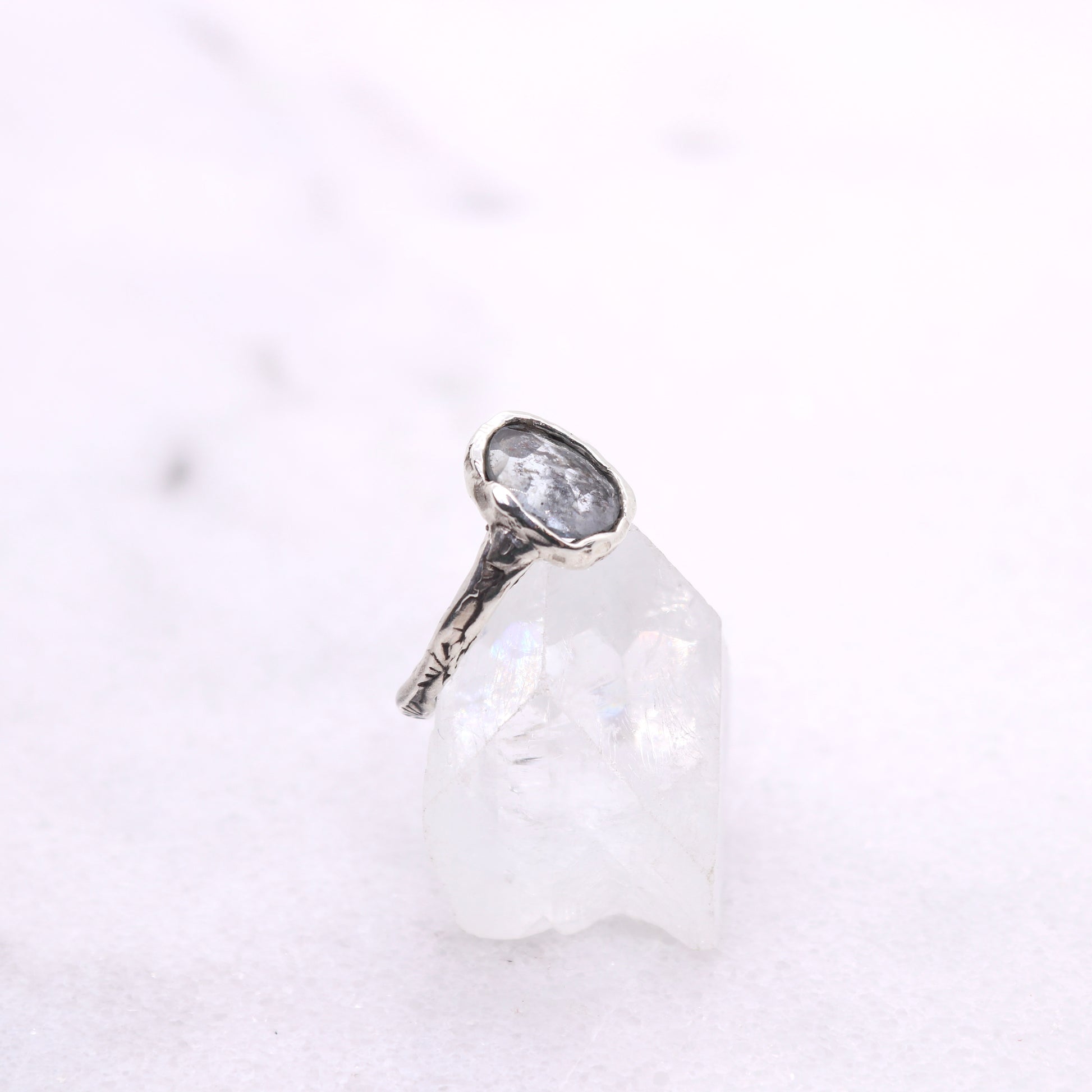 Moss aquamarine bohemian ring in organic raw sterling silver