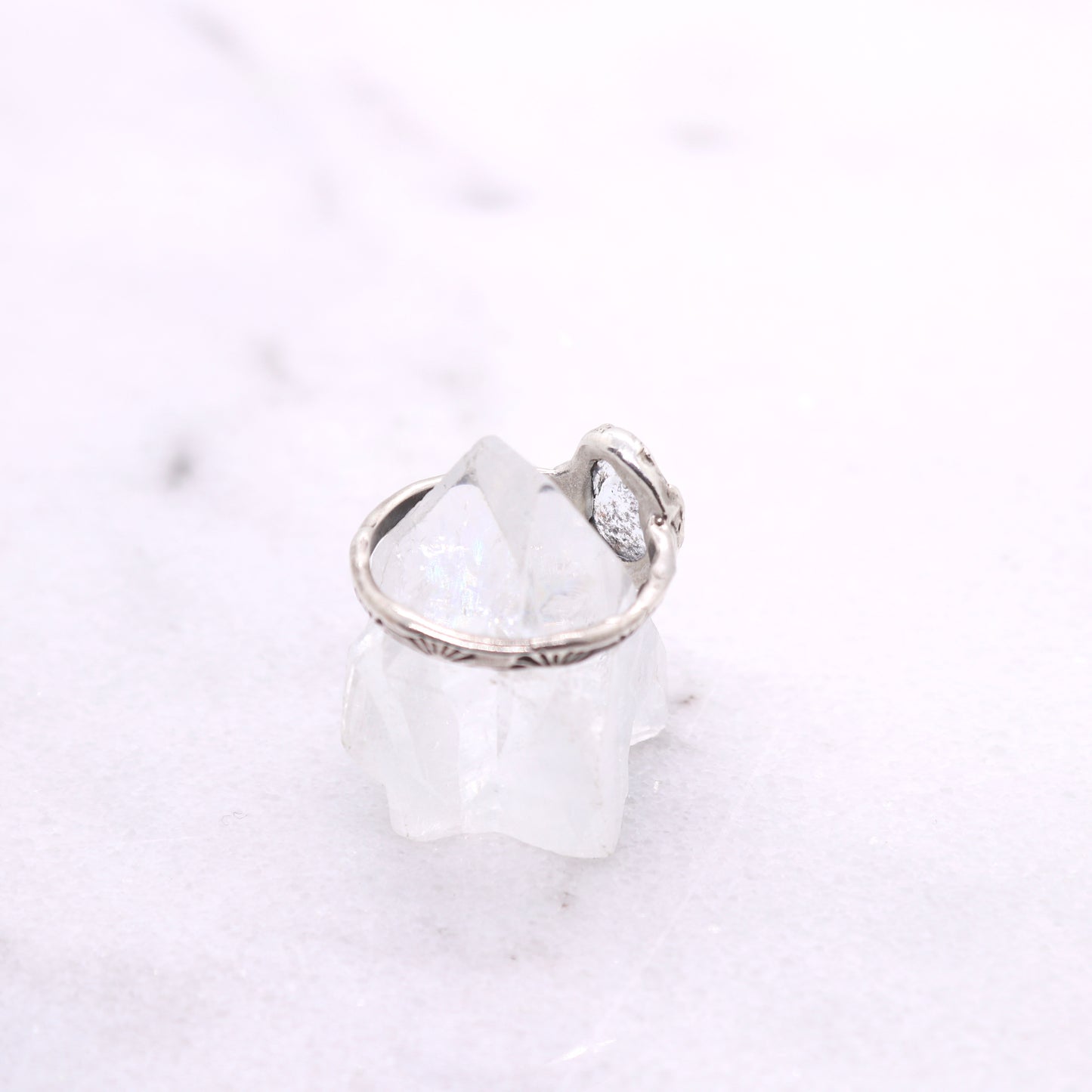 Moss aquamarine bohemian ring in organic raw sterling silver