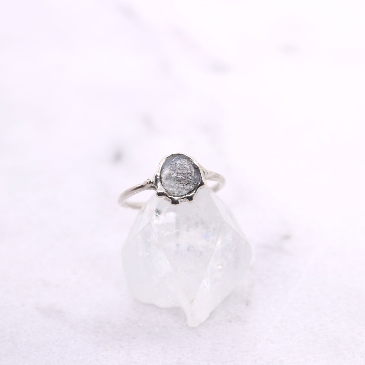 Moss aquamarine bohemian ring in organic raw sterling silver