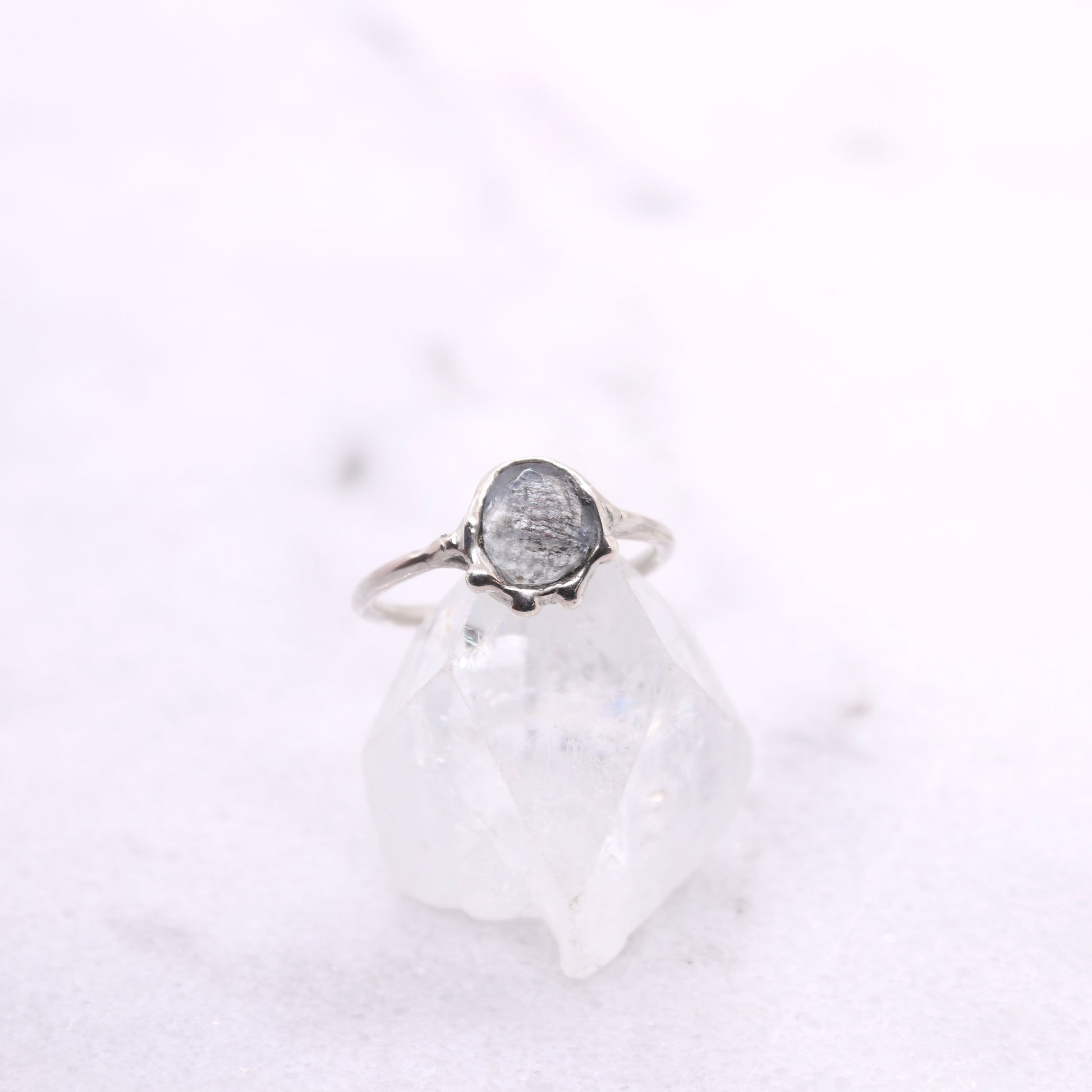 Moss aquamarine bohemian ring in organic raw sterling silver