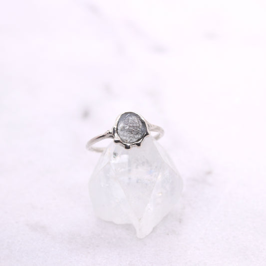 Moss aquamarine bohemian ring in organic raw sterling silver