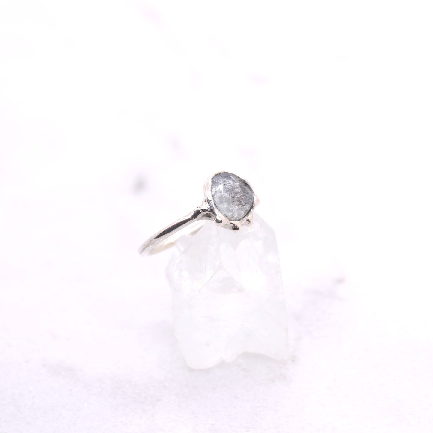 Moss aquamarine bohemian ring in organic raw sterling silver