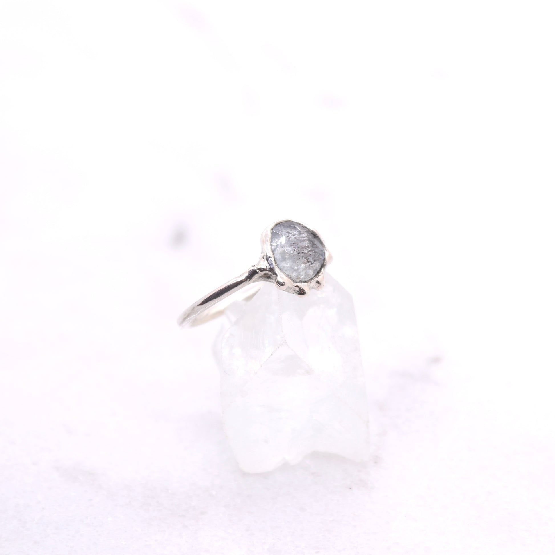 Moss aquamarine bohemian ring in organic raw sterling silver