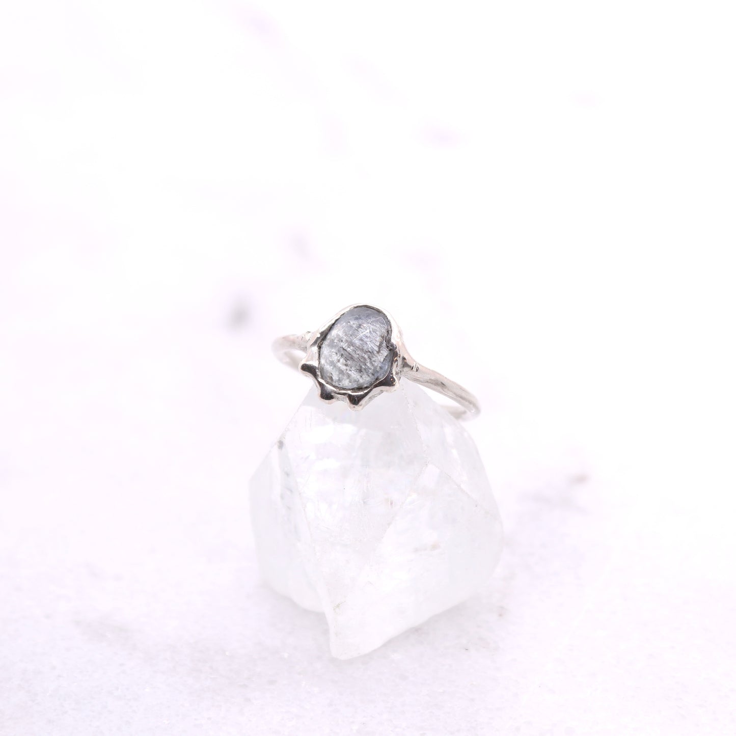 Moss aquamarine bohemian ring in organic raw sterling silver