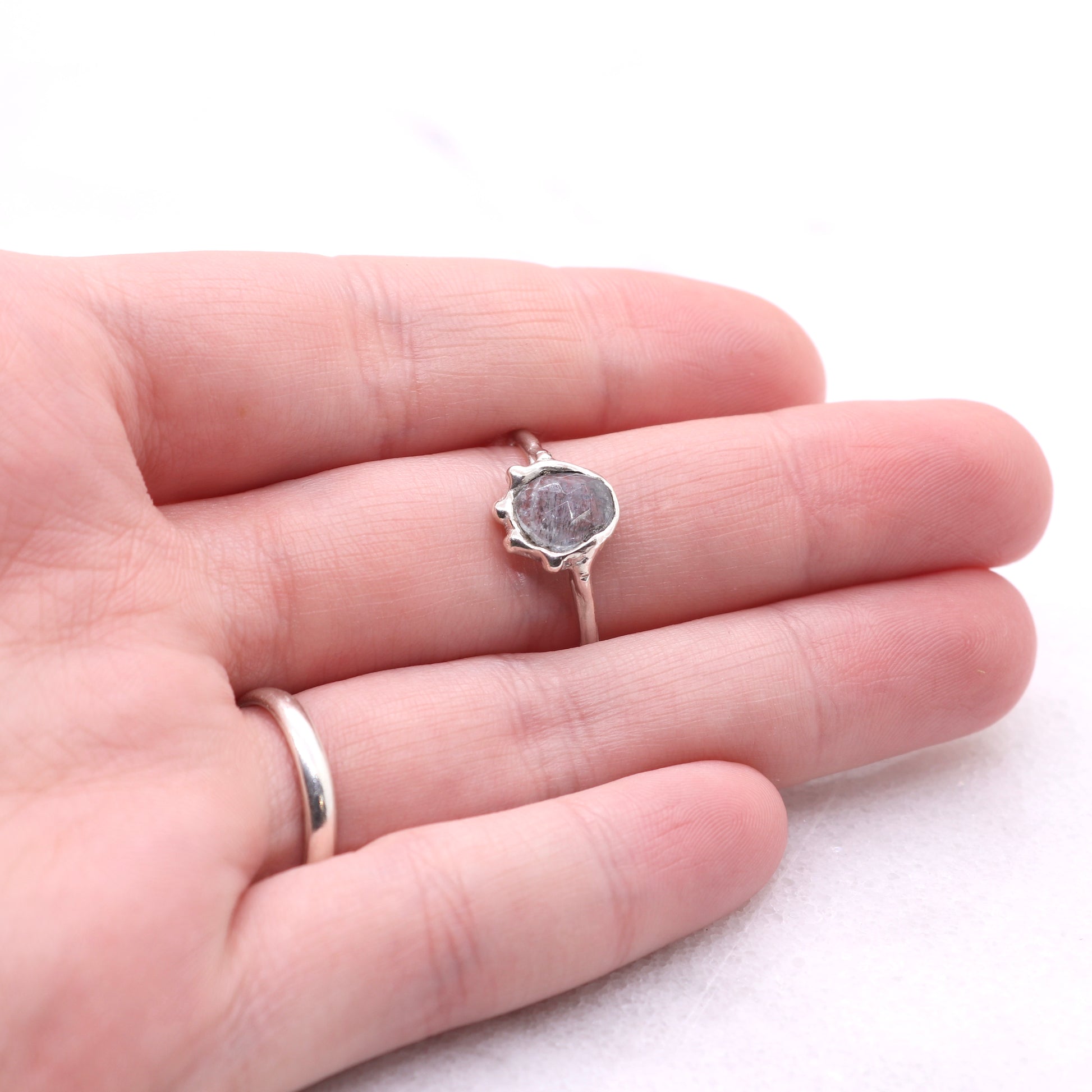 Moss aquamarine bohemian ring in organic raw sterling silver