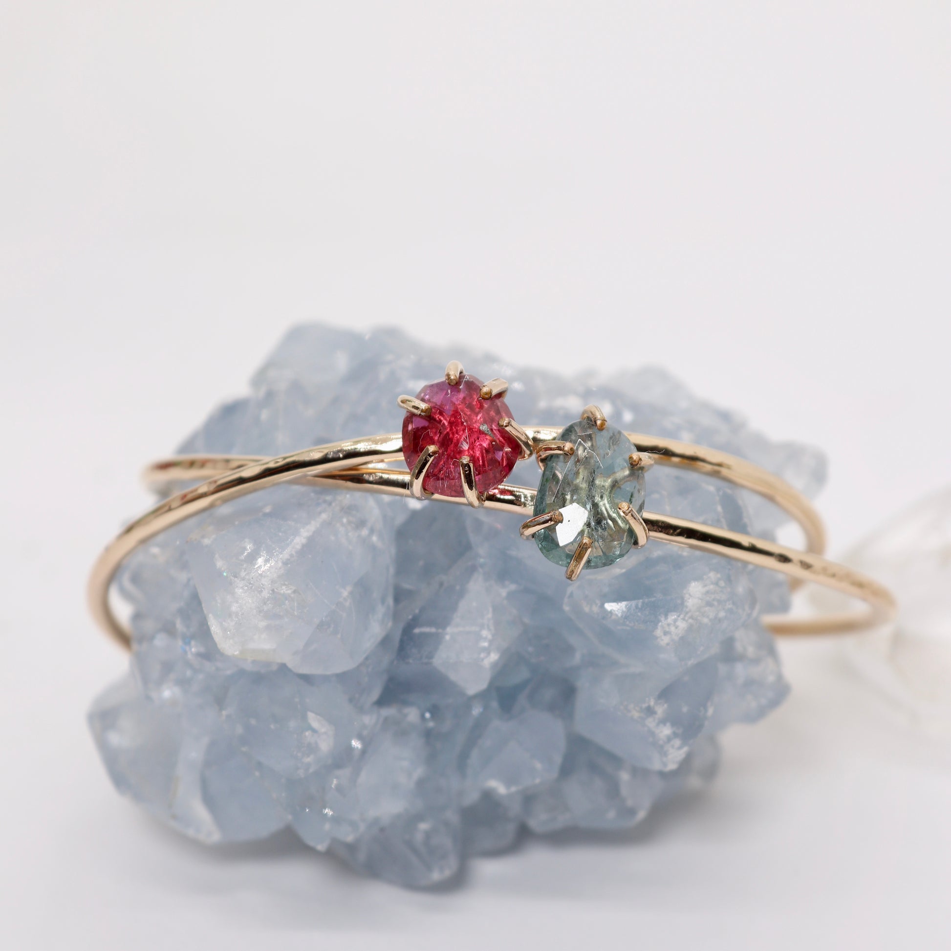 Green tourmaline gemstone set in a 14k gold filled cuff bracelet