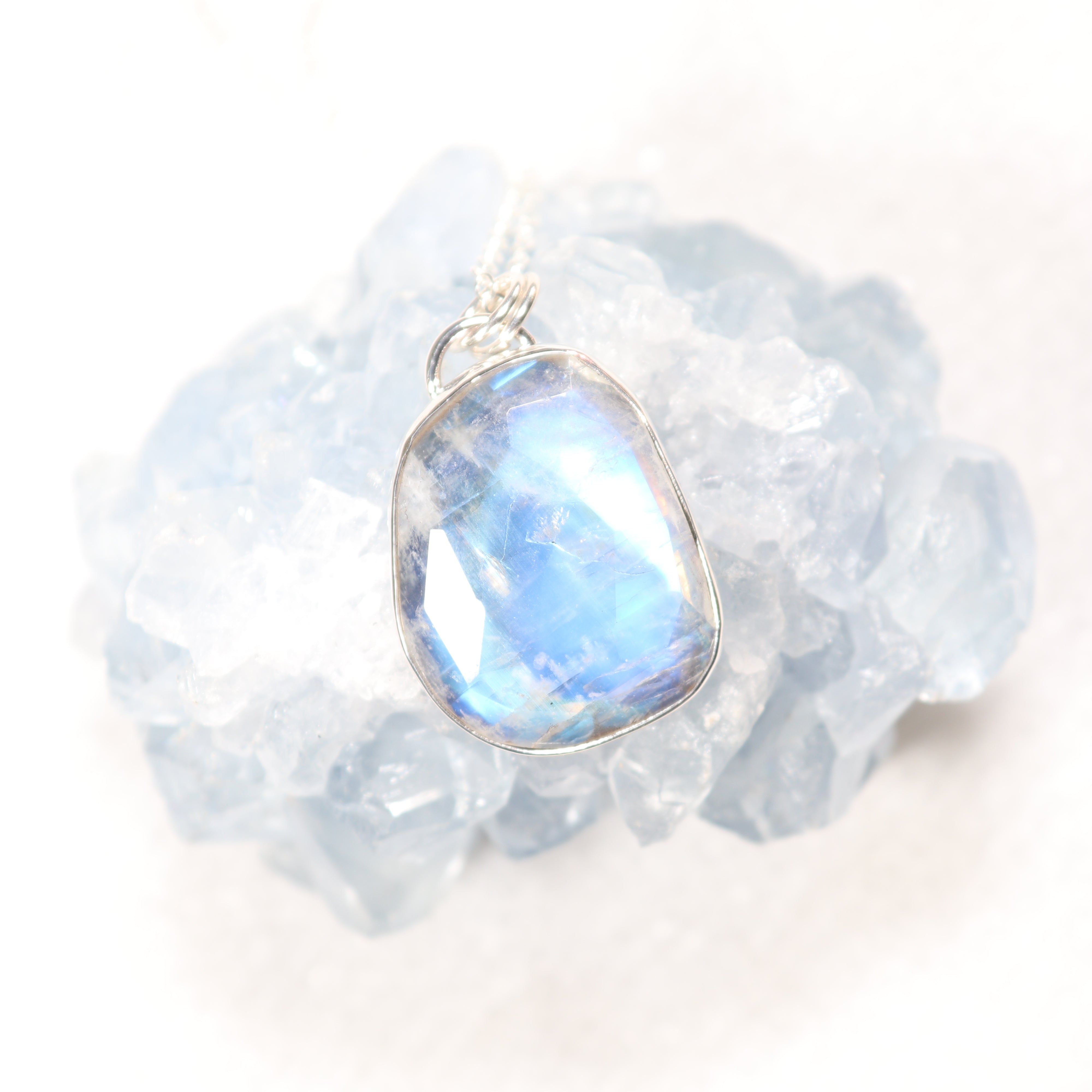 Rainbow Blue Moonstone Necklace in Sterling Silver