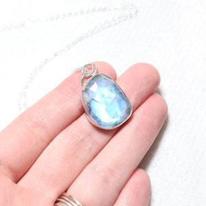 Rainbow Blue Moonstone Necklace in Sterling Silver